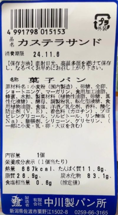 佐渡カステラサンド裏面